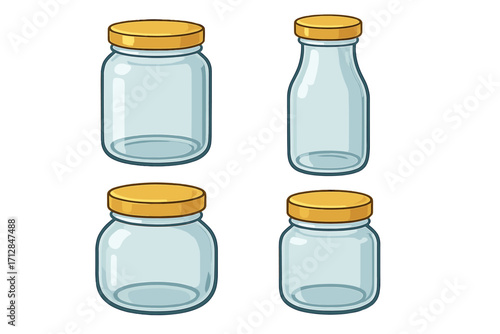 Set of glass jars and a bottle with gold lids. Empty container collection for kitchen storage, food preservation, or canning jam and honey. Vector cartoon illustration isolated.