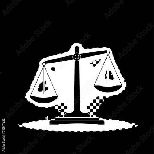 White Silhouette of a Justice Scale with Uneven Balance and Textured Details.