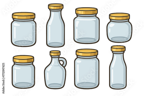 Set of empty glass jars and bottles with golden lids. Vector clip art for kitchen storage, food preservation, canning, homemade jam or pickles. Reusable container illustration.
