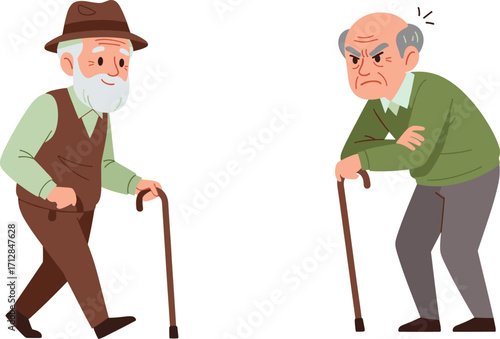 Elderly men with canes, happy senior grandfather and angry old man character standing together vector illustration