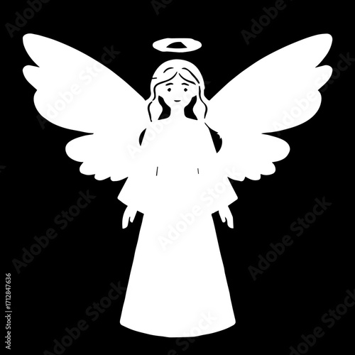 White Silhouette Angel with Halo and Wings Standing in a Graceful Pose.