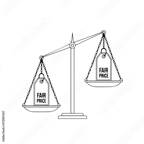Simple Line Art Illustration of a Leaning Balance Scale with Fair Price Tags.