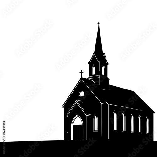 Silhouette of a Detailed Church Building with Steeple and Cross Black and White.