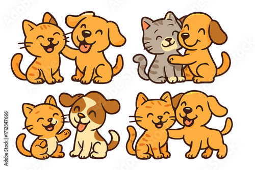 Set of cute cartoon cats and dogs hugging. Happy pets friendship concept. Vector illustration collection of puppies and kittens cuddling, smiling together with joy. Animal love.