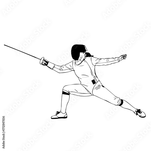 Silhouette of a Fencer in Action Holding Foil Focused and Ready to Duel.