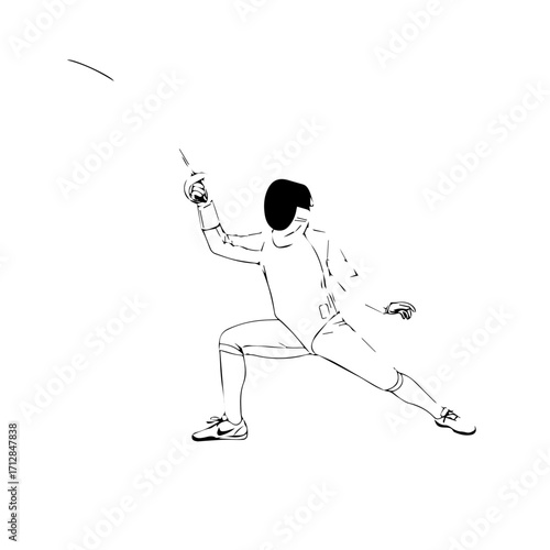 Silhouette of a Fencer in Action Thrusting Sword Upward Ready to Strike.