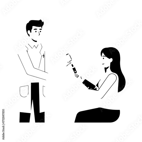 Woman with Prosthetic Arm Holding Vial Medical Illustration Black and White.