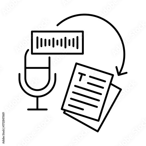 Speech to text, Voice recognition, Audio transcription, Speech-to-text conversion, Real-time transcription, and Voice command processing. Vector line icon with editable stroke.