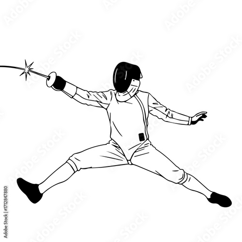 Silhouette of a Fencer in Action Thrusting with Foil Dynamic Pose.