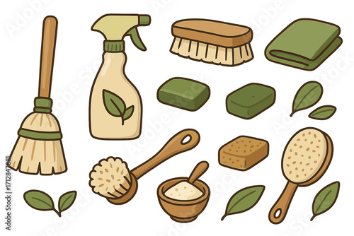 Eco friendly cleaning tools vector illustration set. Natural household products for sustainable living, zero waste lifestyle. Green cleaning items, broom, brush, soap, spray.