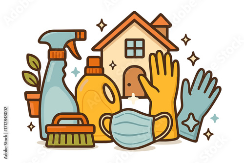Home cleaning and hygiene concept. Housekeeping supplies for disinfection and sanitation. Health safety with protective gear like face mask and gloves. Clean house vector.