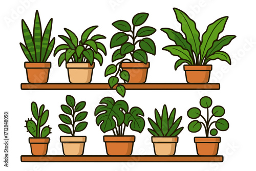 Indoor plants on shelves cartoon vector set. Potted houseplant collection for home decor. Various greenery, monstera, and foliage for botanical interior design illustration.