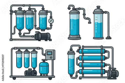 Industrial water filtration system set. Vector cartoon of reverse osmosis technology. Water purification plant equipment with pump, pipe, and filter for clean drinking water.
