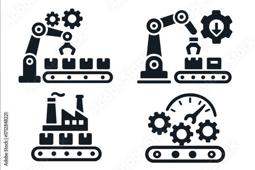 Set of industrial automation icons. Manufacturing process with robotic arm and conveyor belt. Factory production line symbols. Machinery efficiency and technology concept vector.