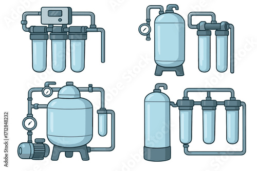 Industrial water filtration systems and purification equipment set. Vector illustration of water treatment technology, reverse osmosis filters, pumps, and tanks collection.