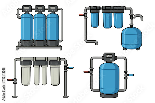 Industrial water filtration systems set. Water purification equipment collection. Reverse osmosis technology. Clean water concept. Filter, tank, pipe, and valve vector icons.