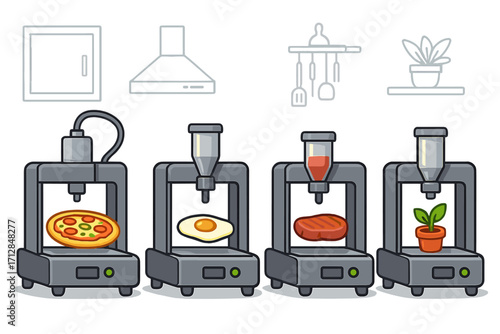 3D food printing technology concept. Future of eating with bioprinting pizza, lab-grown meat, egg & plant. Modern kitchen automation vector cartoon illustration set.