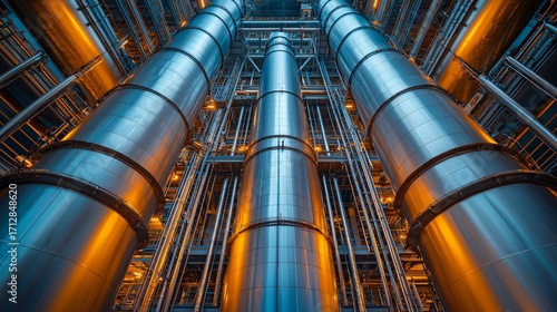 Wide panoramic shot of Carbon Capture Utilization Storage facility with massive CO2 absorption towers and stainless steel pipelines.