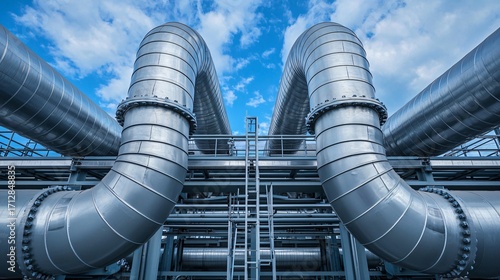 Wide panoramic shot of Carbon Capture Utilization Storage facility with massive CO2 absorption towers and stainless steel pipelines.