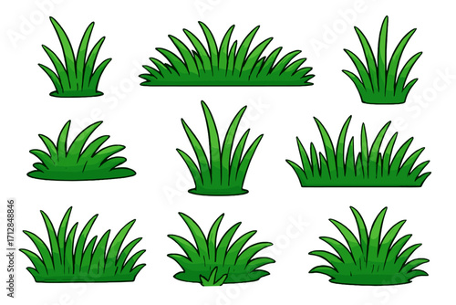 Lush green grass clumps vector set. Cartoon illustration of natural lawn tufts for landscaping and gardening design. Fresh park ground plants and nature elements collection.