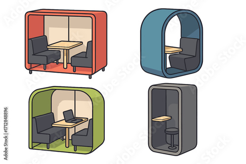 Set of modern office pods for private and collaborative work. Vector illustration of acoustic meeting booth, phone pod and focus quiet workspace furniture collection.