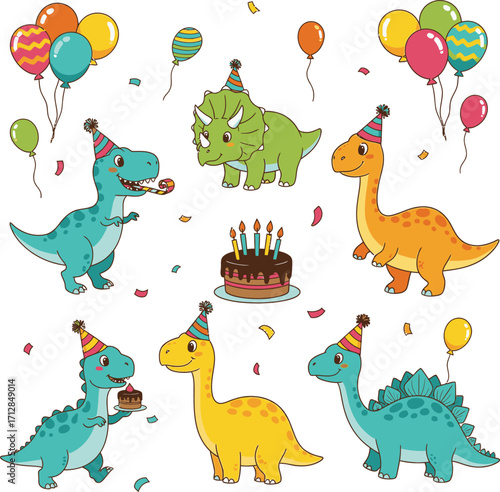 Cute cartoon dinosaurs celebrating a birthday party with balloons and cake isolated on white background
