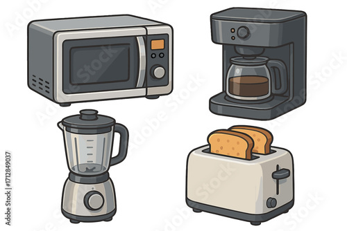 Set of kitchen appliances vector illustration. Microwave, coffee maker, blender, toaster icon collection. Home cooking equipment for breakfast. Household electrical devices.