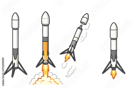 Multiple stages of a reusable rocket launch and landing. Cartoon vector illustration showing spacecraft liftoff, stage separation, propulsion, and booster landing mechanism.