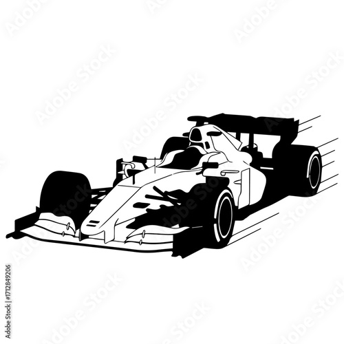 Sleek Black and White Formula One Race Car with Aerodynamic Design.