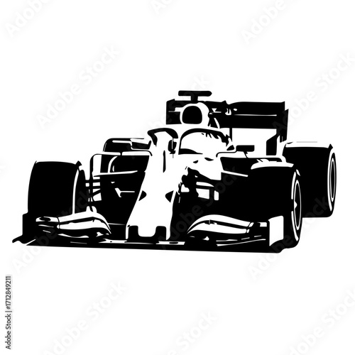 Sleek Black and White Formula One Race Car Silhouette Front View.