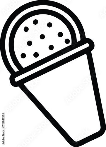 Simple line art icon of a powder duster or sifter with dots for sprinkling ingredients or applying cosmetics