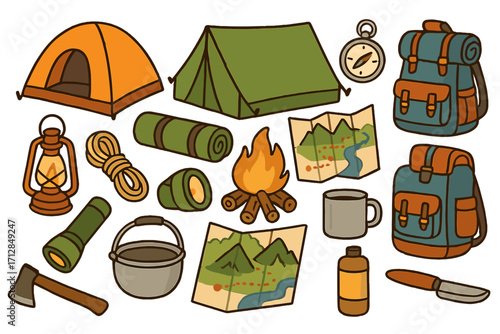 Camping and hiking equipment icon set. Outdoor adventure travel gear collection. Vector cartoon illustration of tent, backpack, campfire, map, compass, and essentials.