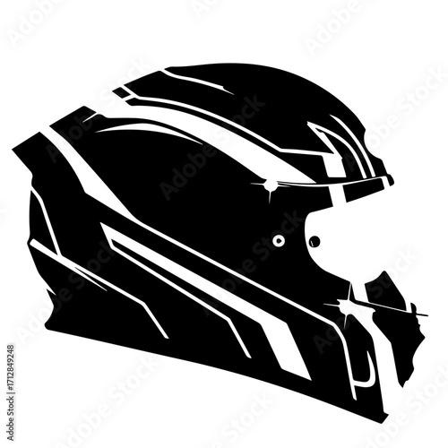Sleek Black and White Motorcycle Helmet with Angular Design and Visor.