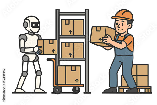 Robotic support enhances manual labor efficiency. Human worker and robot collaboration in warehouse. Automation teamwork for logistics and delivery. Future of industry, AI workforce.