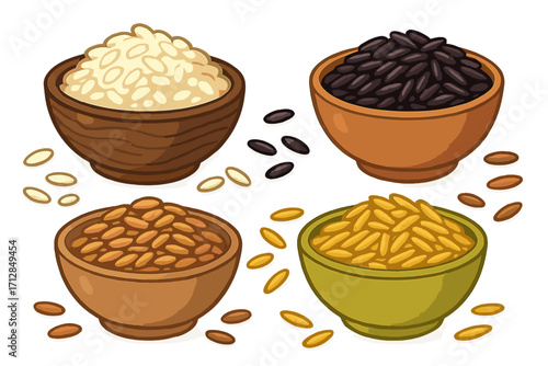 Rice varieties set. Collection of grains in bowls. White, black, brown, wild rice. Vector cartoon illustration. Healthy food ingredient, cereal, agricultural diversity concept.