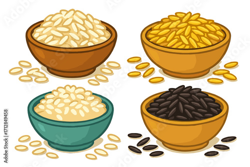 Rice varieties vector set. White, black, brown rice in bowls. Healthy food ingredient. Raw grain cereal for cooking. Asian cuisine, agriculture cartoon icon collection.