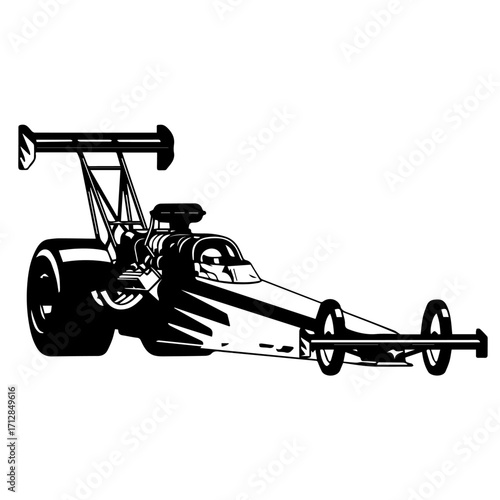 Sleek Black Dragster Silhouette with Large Rear Wing and Exposed Engine.
