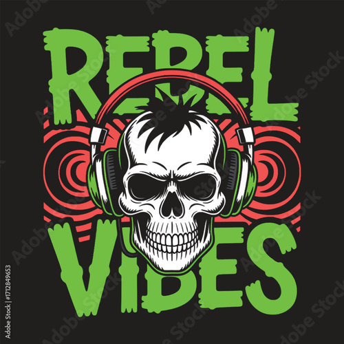 Skull Wearing Headphones with Mohawk and Text bones skeleton