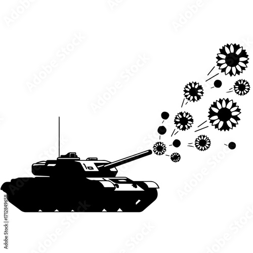 Silhouette of a Military Tank Firing Flowers Symbolizing Peace and Hope.