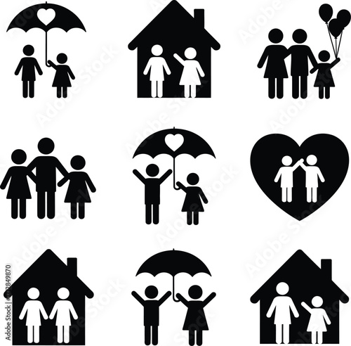 Collection of family icons showing parents children homes umbrellas and heart shapes in black and white