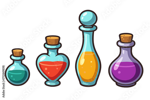 Colorful fantasy potion bottles set with cork stoppers, various magical liquid colors and shapes, cartoon vector illustration for game design, alchemy, magic, and fantasy themes