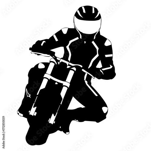 Silhouette of a Motorcyclist in Racing Gear Riding a Motorcycle Kneeling Pose.