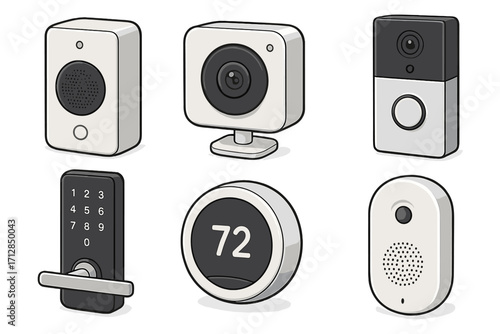 Smart home devices illustration collection with security cameras, video doorbell, smart thermostat, and keypad lock for modern connected living and home automation technology