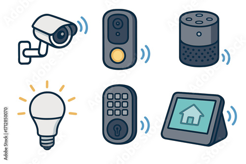 Smart home devices collection with security cameras, smart doorbell, voice assistant, smart light bulb, keypad lock, and home control panel for modern connected living vector illustration
