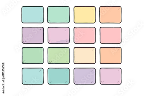 Soft pastel color swatches arranged in artistic grid for creative design inspiration and color selection, vector cartoon illustration with transparent background, ordered layout