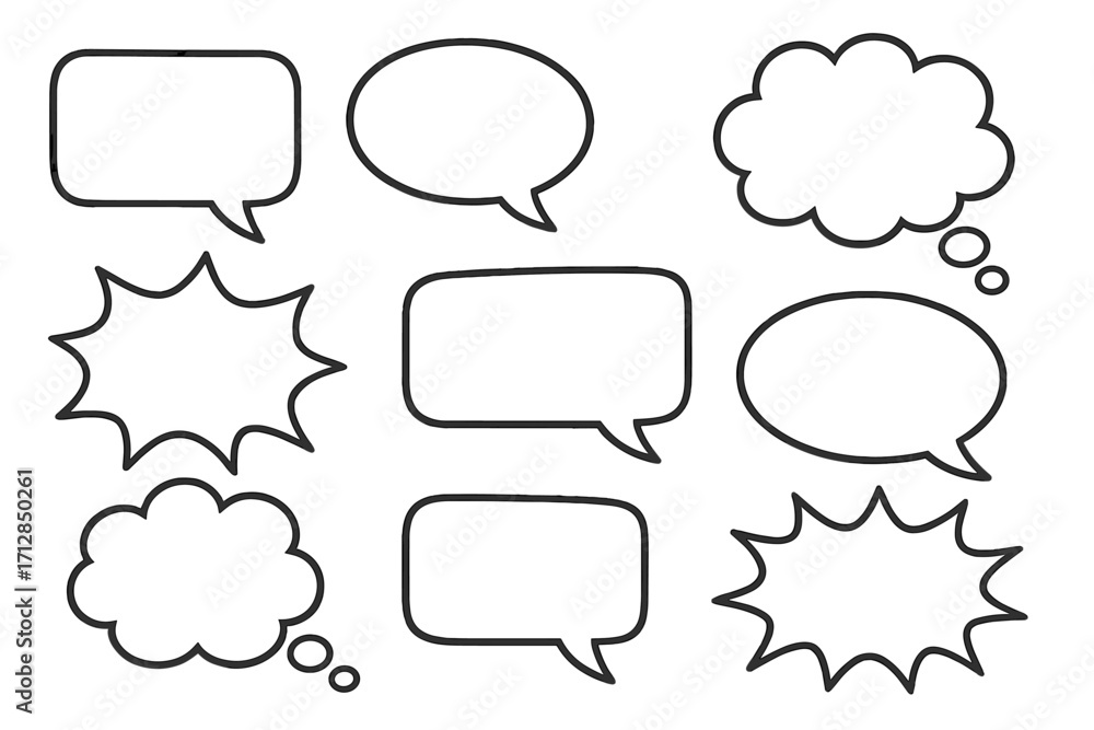 Fototapeta premium Speech and thought bubbles set in various shapes for creative design and communication, cartoon vector illustrations with transparent background, ordered collection for dialogues and messages