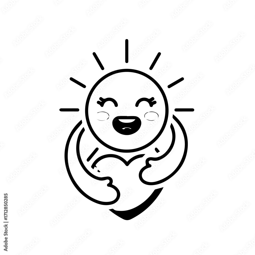 Fototapeta premium Smiling Cartoon Sun Character Embracing a Heart with Joyful Expression.