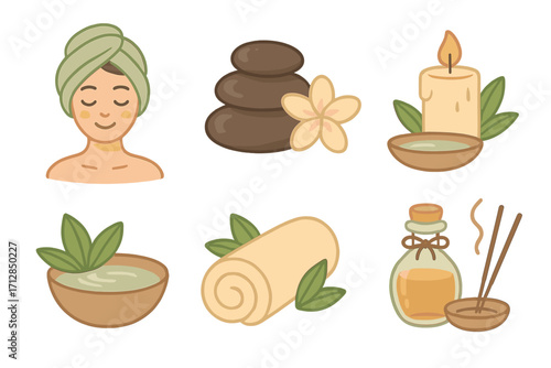 Spa icons set representing relaxation, wellness, self-care, massage stones, candle therapy, aromatherapy, herbal treatments, facial care, rolled towels, calming lifestyle, natural spa elements