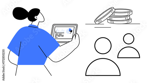 Woman reviews tablet with charts, accompanied by three coins and simplistic team icons. Ideal for finance, teamwork, budgeting, analytics, planning, collaboration and digital management. Simple flat