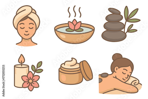 Spa icons representing relaxation, wellness, and self-care in calming aesthetic design with towel wrapped woman, hot stones, cream jar, candle, lotus bowl, massage therapy, cartoon vector set
